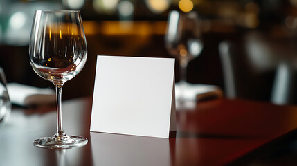 A restaurant table is set with a wine glass and a blank, white menu or place card, promising an upcoming dining experience in an intimate setting.