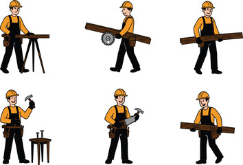Construction worker, carpenter, using tools, hammering wood, sawing plank, building site, safety gear, manual labor, industrial job, professional craftsmanship