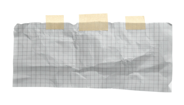 Torn, grid-lined paper, taped with beige strips, on black. Crushed edges and textured