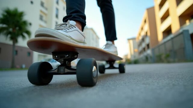 Low perspective shot of male feet in sneakers or skating shoes ride longboard and swerve on pavement. Cool extreme sport lifestyle or transportation mode for busy city life.