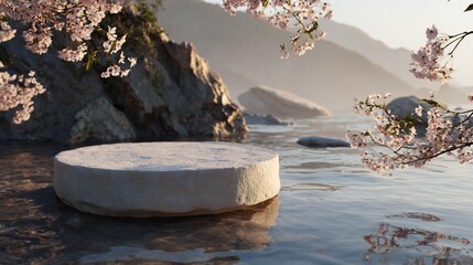 Serene landscape featuring a circular stone platform surrounded by tranquil water, blooming cherry blossoms, and distant mountains creating a peaceful natural setting