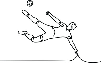 Single one line drawing football player kicking ball. Special uniform on joiner flat style. Footballer score goal. Soccer sport and team game concept. Continuous line draw design vector illustration