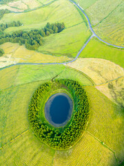 Pond Pau Pique and Lush Green Hills. Azores, Sao Miguel Island. Portugal. Aerial View