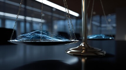 Digital scales with glowing blue data visualization represent balance and justice in a modern office environment, highlighting technology's role in decision-making and fairness