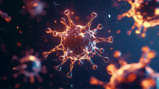 Animation of a coronavirus cell. Microscopic view of a glowing pathogen with spike proteins. Pandemic, disease and virology science concept