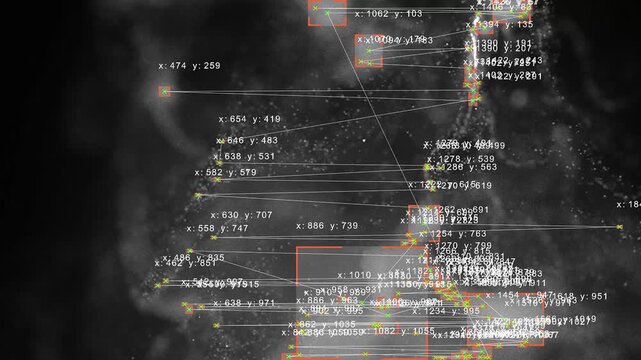Computer Vision with Object Recognition Scanner Overlay. Big Data. CCTV AI Interface Scanning. Blob Tracking Lines, Coordinates, Bounding Boxes. Plexus style connections. Abstract Flow, black n white