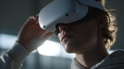 Young male wearing virtual reality headset, adjusting device while immersed in digital experience, showcasing modern technology and innovation in immersive gaming environments