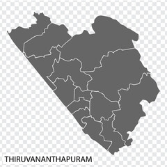 High Quality map of Thiruvananthapuram is a city of India, with borders of the districts. Map of Thiruvananthapuram for your web site design, app, UI. EPS10.