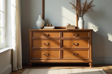 Elegant Cherry Wood Six-Drawer Dresser in a Classic Bedroom Setting, offering ample storage for clothing and accessories in a stylish and organized way.
