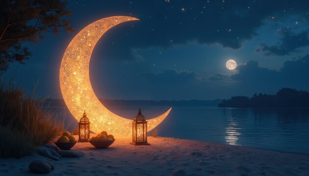Giant illuminated crescent moon decorates beach shoreline at night. Ornate lanterns and bowls of fruit rest on sand. Calm water reflects full moon and starry sky.