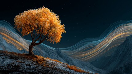 Mountain tree: a silent witness to autumn's farewell and winter's arrival. Data streams. Serene mountain vista: a lone tree stands amid fall colors and first snow. Internet traffic.