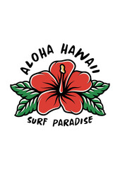 Red Hibiscus Flower with Aloha Hawaii Text tropical