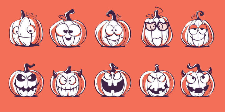 Set of cartoon pumpkins with different funny and spooky faces. Playful Halloween illustration featuring expressive characters perfect for party invitations, decorations, and festive projects.