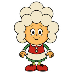 Cartoon character vector illustration of a cute girl with curly hair and red dress drawing art