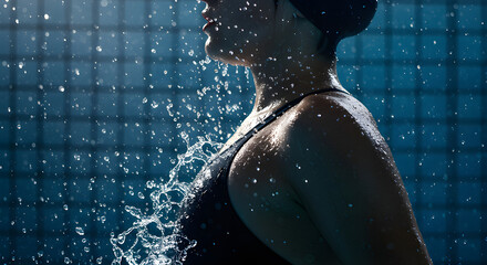 Swimmer exiting pool, neck down, plain suit, detailed water and lighting.