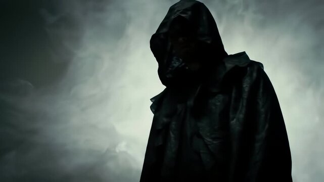 A dark mysterious figure wearing a black hooded cloak standing in a smoky atmospheric background