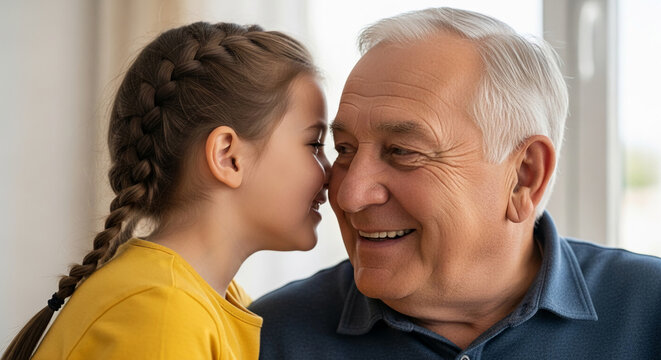 Close-up of a girl whispering to an older man, both smiling, representing family bond, trust, and secret, suitable for relationship and familial concepts