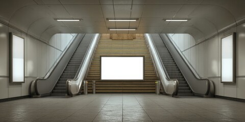 Empty subway station with escalator and blank billboard for advertising space in an urban environment