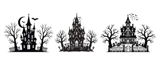 Creepy Manor and Bat Silhouette Collection: Perfect for Halloween Invitation, Banner, or Border Design