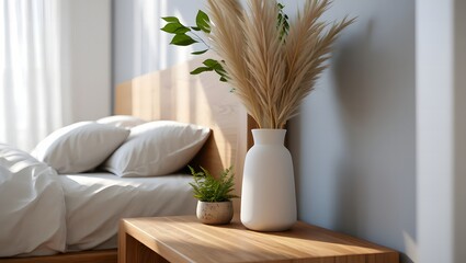 Cozy bedroom corner with pampas grass and natural light