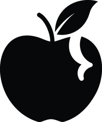 Black silhouette of an apple with a leaf and a bite taken out, isolated on white background