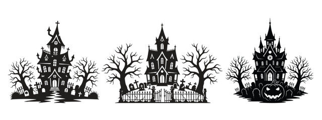 Terrifying Gothic Architecture Clipart: Isolated Haunted Palace and Forest Silhouettes for Holiday Design
