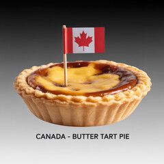 Traditional Canadian butter tart pie with glossy caramel filling and flag on top