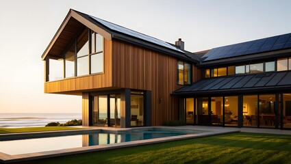 Fototapeta premium Modern luxury beach house with swimming pool and ocean view at sunset