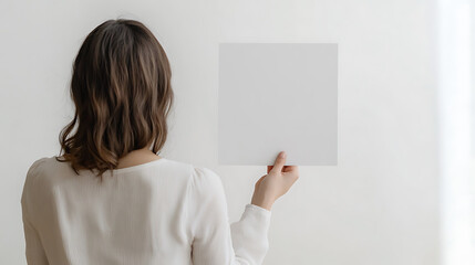 Naklejka premium Woman holding a blank square paper against a plain white background. Perfect for presentations, designs, or adding a personal message!