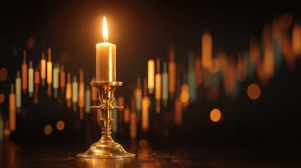 A candle is lit in a gold candlestick on a table. The candle is surrounded by a blurry background of colorful lines, giving the image a dreamy, ethereal quality