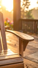 Wooden porch chair in golden sunlight