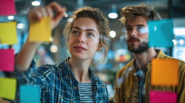 A woman and a man are looking at a board with colorful sticky notes on it. The woman is pointing at a yellow note, and the man is looking at her. Scene is collaborative and focused