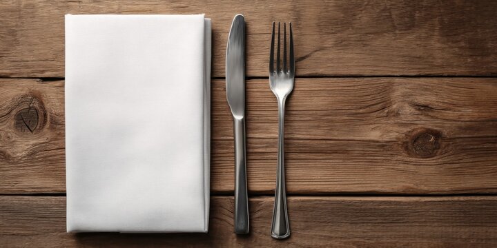 Blank Menu Template on Wooden Table with Fork and Napkin for Restaurant or Cafe Use