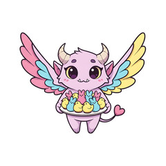 Fototapeta premium A cute cartoon demon with colorful wings and horns holds treats on a plate, created in a pixelated art style. The image features a transparent background.