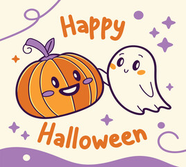 Happy Halloween Cute Pumpkin Vector, Halloween Ghost Icon Design, Cute Halloween Pumpkin and Ghost Vector,  Spooky Halloween Social Media Post, Halloween Party Greeting Vector