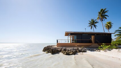 Modern beachfront villa with palm trees and ocean view