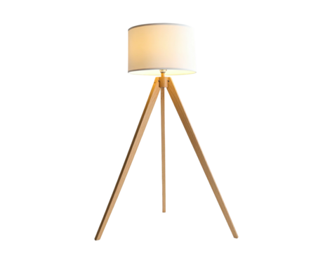 Standing lamp with wooden tripod base, round white shade, illuminating dimly against black