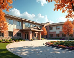 Modern retirement home exterior illustration sunny day. Aged care building design with bright facade. Beautiful landscape with colorful trees in autumn. Property for seniors and golden years.