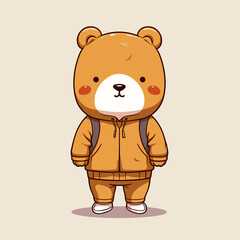 An adorable brown bear in orange hoodie, backpack, pants, and white shoes, standing with big eyes and rosy cheeks. Perfect for kids' books, stickers, or playful designs