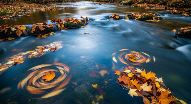 Long Exposure of Swirling Autumn Leaves Forming Spirals in River.
A dramatic and artistic long-exposure photograph capturing the dynamic flow of a clear, blue forest river during the autumn season
