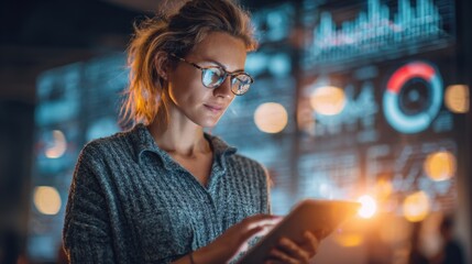 A young woman with glasses studies data on her tablet in a contemporary workspace. The background displays dynamic graphs and charts creating a high-tech atmosphere.