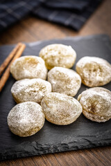 Japanese mochi dessert on plate on wooden table.