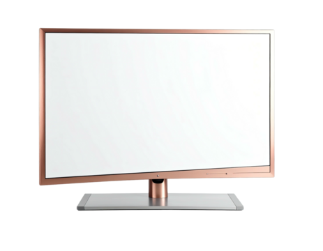 A modern, metallic-framed TV with a blank screen, set against a black background