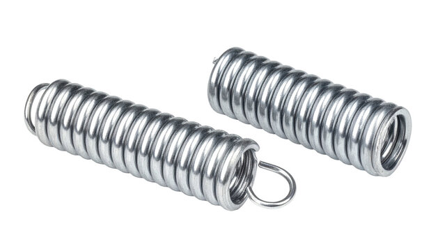 Two shiny, cylindrical metal coil springs lie next to each other against a stark black background