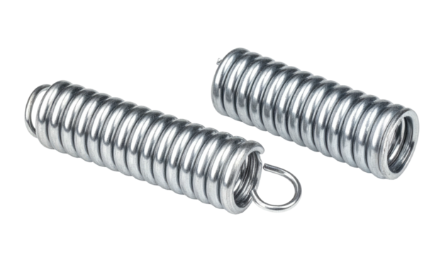 Two shiny, cylindrical metal coil springs lie next to each other against a stark black background