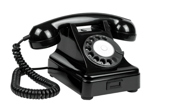 Glossy black vintage telephone with rotary dial and coiled cord, isolated on a plain backdrop