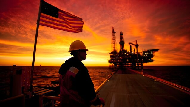 Offshore oil rig worker silhouetted against a vibrant sunset with american flag