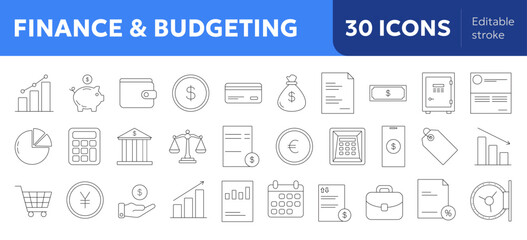 set of 30 finance and budgeting icons featuring money, wallets, charts, and banking elements in clean minimal line art