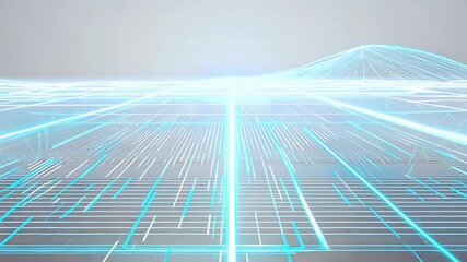 Futuristic digital landscape with glowing blue lines and geometric patterns, showcasing a dynamic motion sequence that emphasizes depth and perspective in a virtual environment - Powered by Adobe