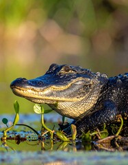 Fototapeta premium Close-up of an alligator's head and upper body emerging from a shallow marsh